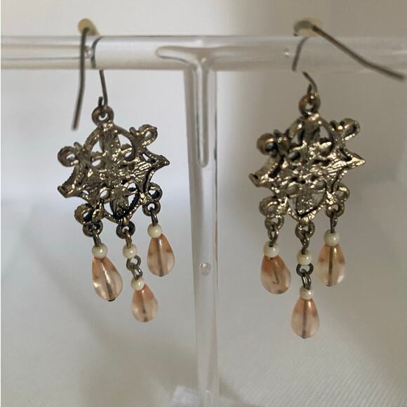 Vintage Chandelier Dangle Earrings Filigree Peach Teardrop Rhinestones Boho Glam - Picture 6 of 16